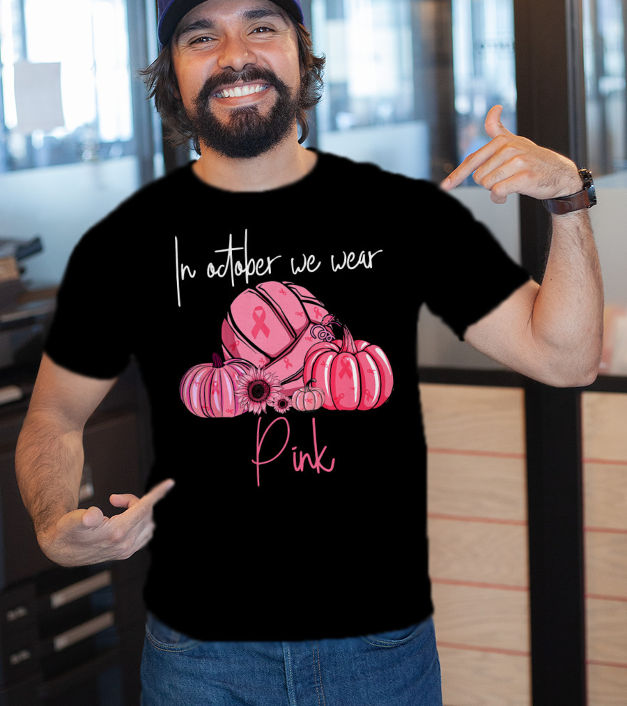 In October We Wear Pink Volleyball Pumpkins With Ribbons T-Shirt