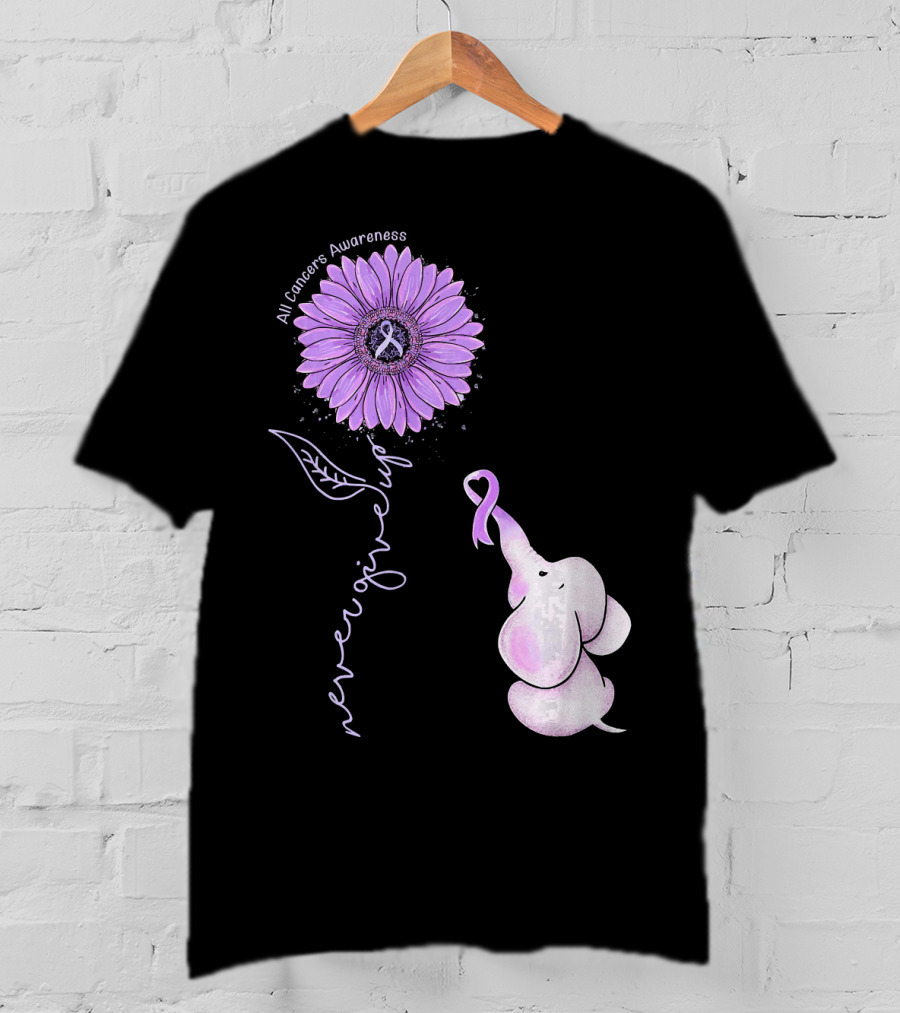 Never Giving Up All Cancers Awareness Sunflower Elephant T-Shirt