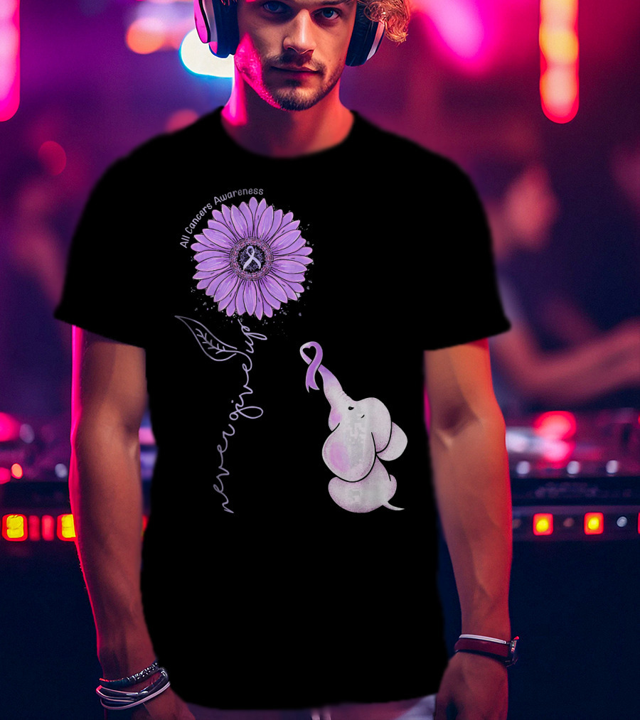 Never Giving Up All Cancers Awareness Sunflower Elephant T-Shirt