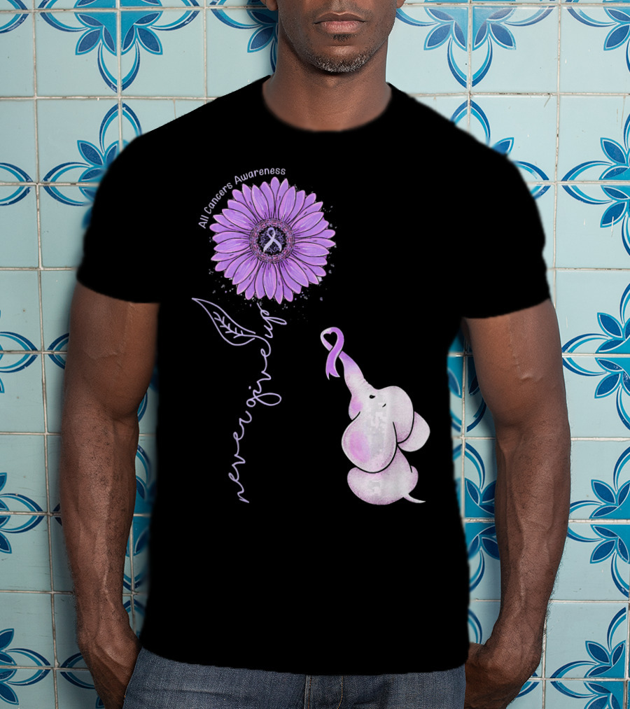 Never Giving Up All Cancers Awareness Sunflower Elephant T-Shirt