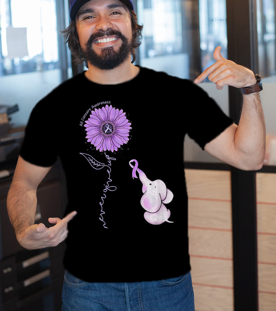 Never Giving Up All Cancers Awareness Sunflower Elephant T-Shirt
