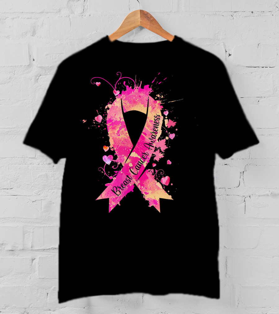 Breast Cancer Awareness Pink Ribbon Hearts And Splash T-Shirt