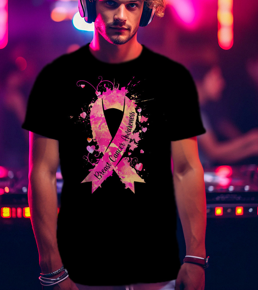Breast Cancer Awareness Pink Ribbon Hearts And Splash T-Shirt