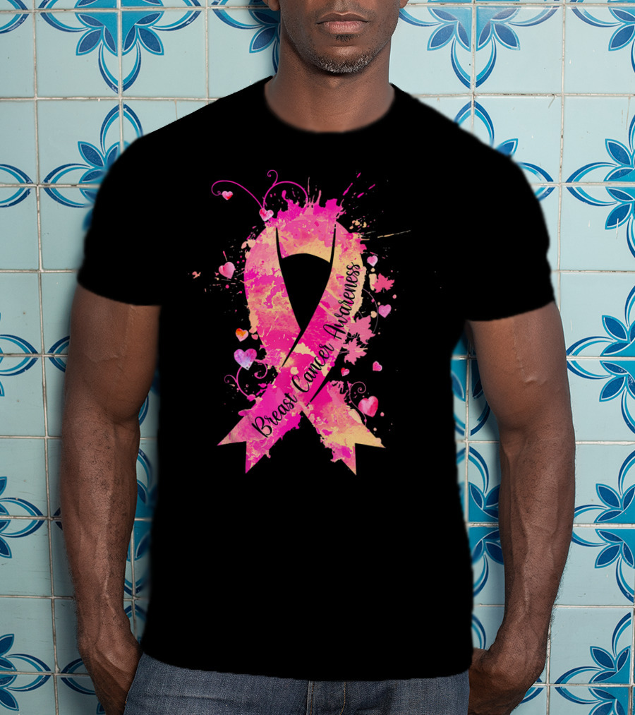 Breast Cancer Awareness Pink Ribbon Hearts And Splash T-Shirt