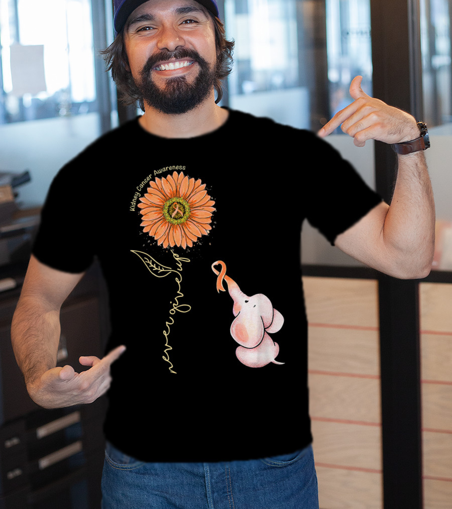 Kidney Cancer Awareness Sunflower Elephant Never Give Up T-Shirt