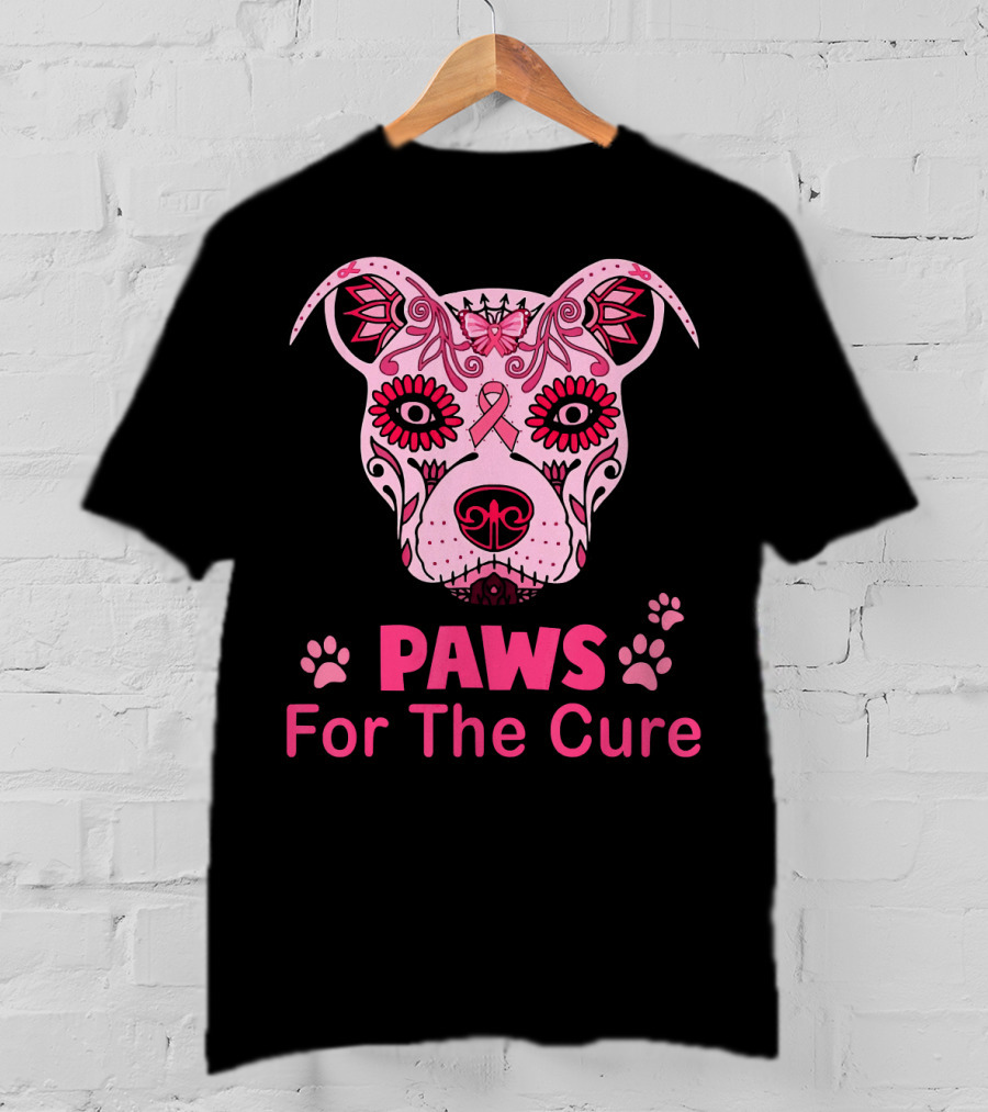 Paws For The Cure Breast Cancer Awareness Pitbull Sugar Skull T-Shirt