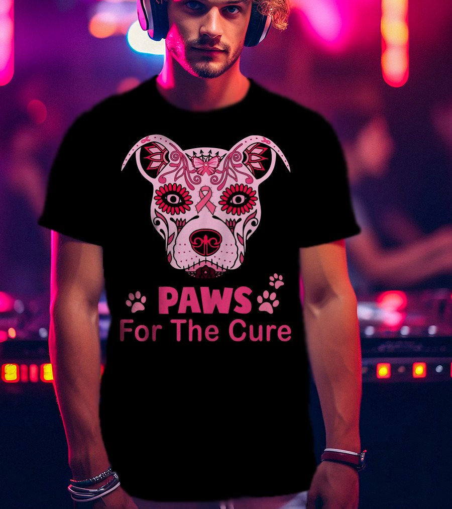 Paws For The Cure Breast Cancer Awareness Pitbull Sugar Skull T-Shirt