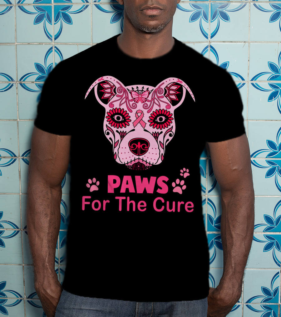 Paws For The Cure Breast Cancer Awareness Pitbull Sugar Skull T-Shirt