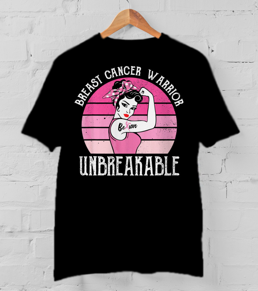 Breast Cancer Warrior Believe Unbreakable Retro Sunset T-Shirt