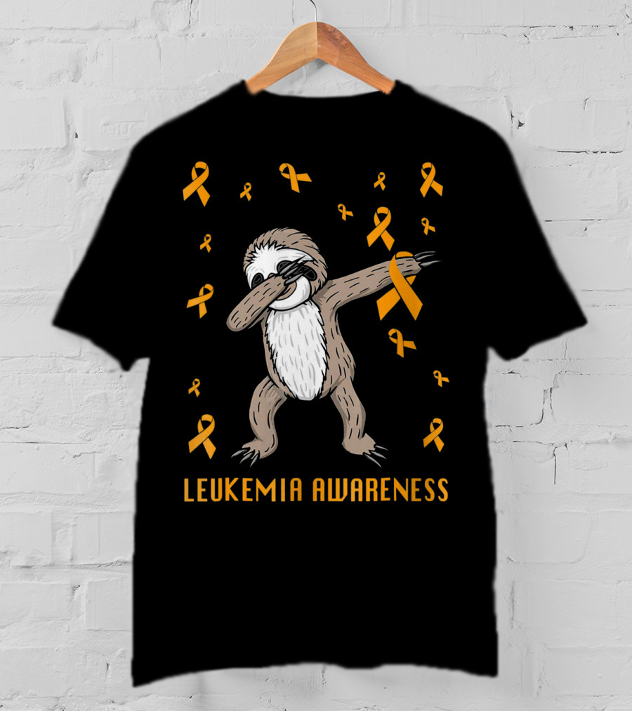 Leukemia Awareness Dabbing Sloth With Orange Ribbons T-Shirt