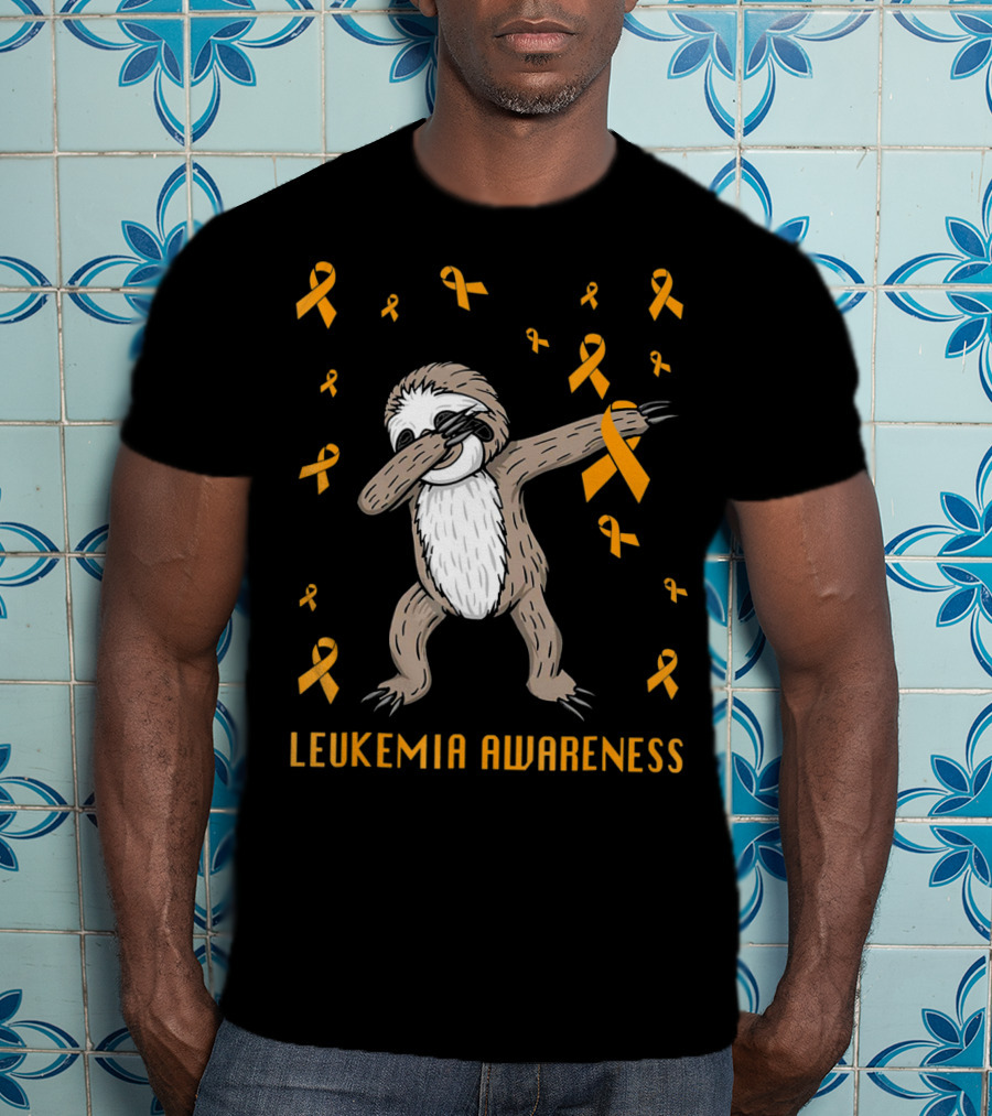 Leukemia Awareness Dabbing Sloth With Orange Ribbons T-Shirt