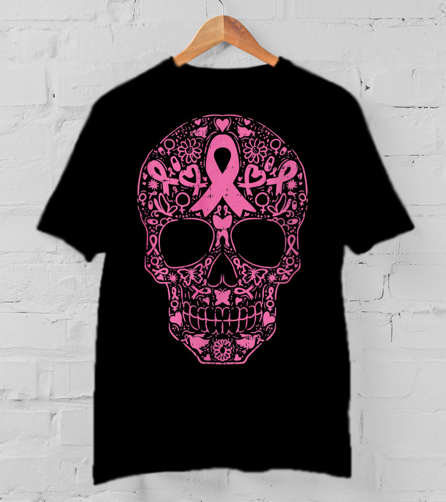 Sugar Skull Pink Ribbon Breast Cancer Awareness Calavera T-Shirt