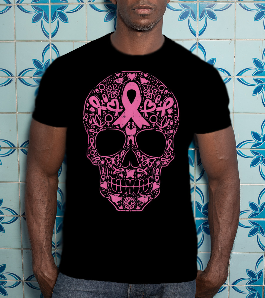 Sugar Skull Pink Ribbon Breast Cancer Awareness Calavera T-Shirt