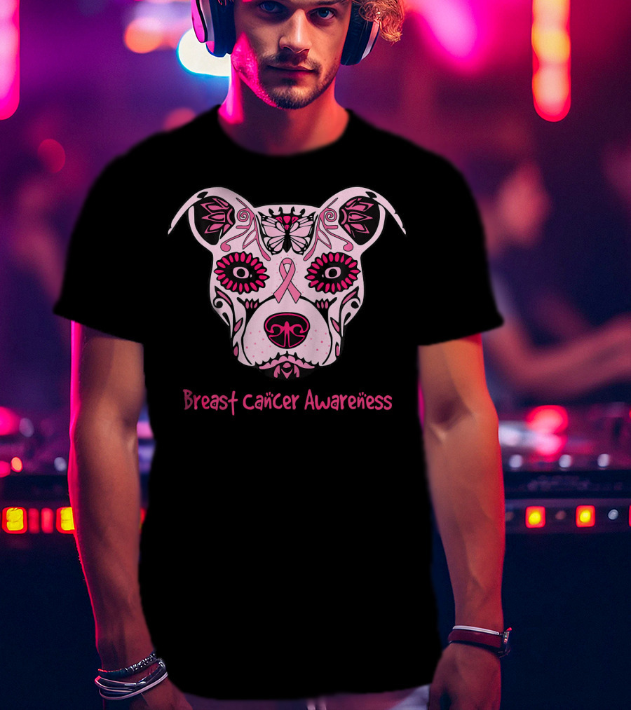 Sugar Pitbull Dog Breast Cancer Awareness Pink Ribbon T-Shirt