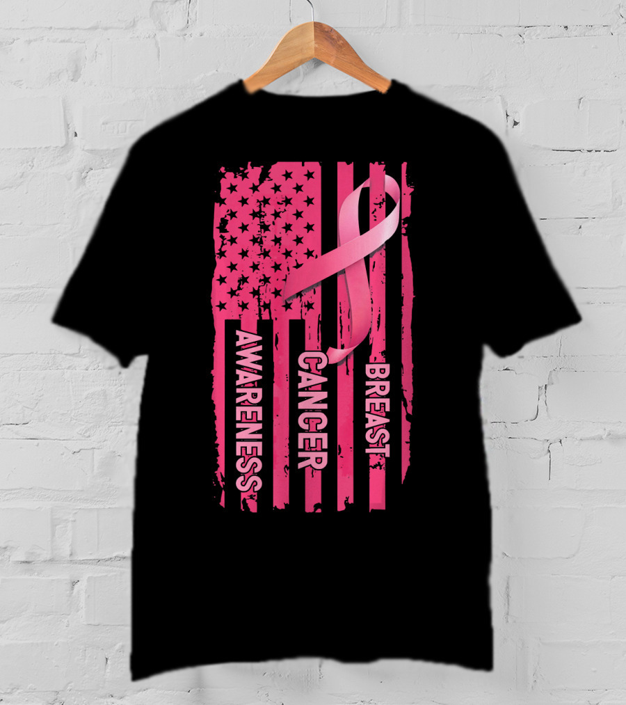 American Flag Pink Ribbon Breast Cancer Awareness T-Shirt