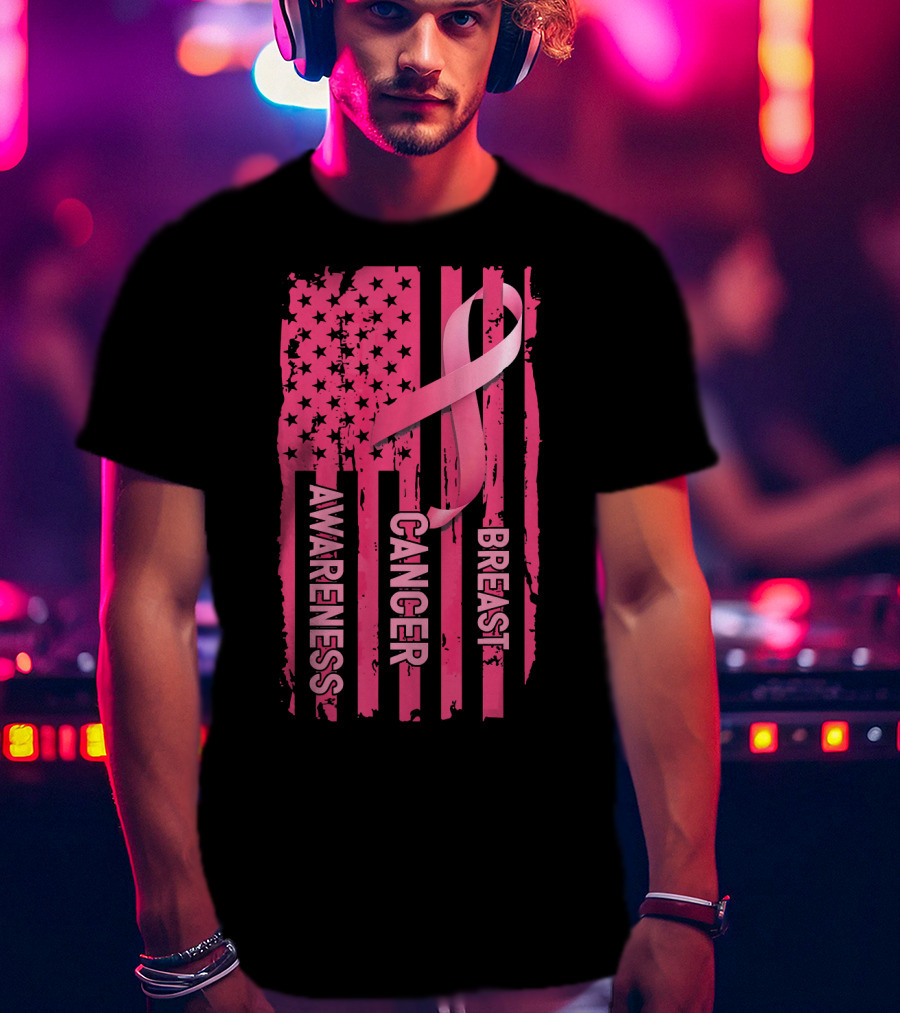 American Flag Pink Ribbon Breast Cancer Awareness T-Shirt