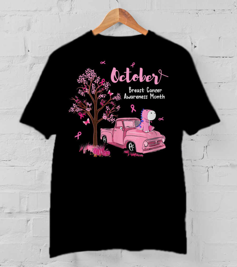 October Pink Ribbon Pumpkin Truck Dinosaur Breast Cancer Awareness Month T-Shirt