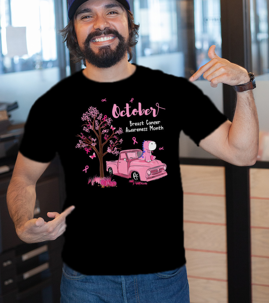 October Pink Ribbon Pumpkin Truck Dinosaur Breast Cancer Awareness Month T-Shirt