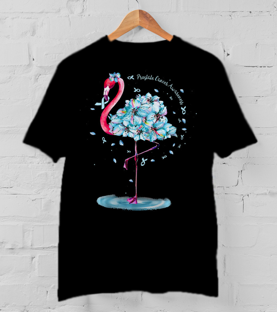 Prostate Cancer Awareness Light Blue Ribbon Flamingo Floral T-Shirt