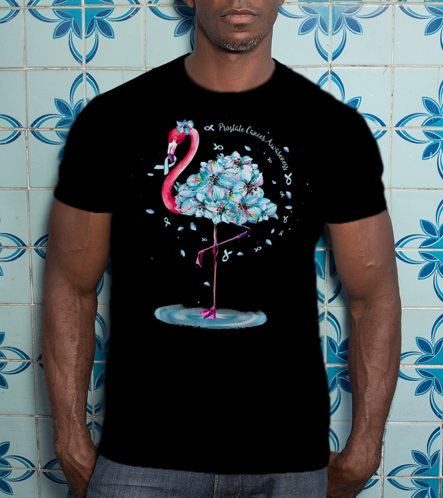 Prostate Cancer Awareness Light Blue Ribbon Flamingo Floral T-Shirt