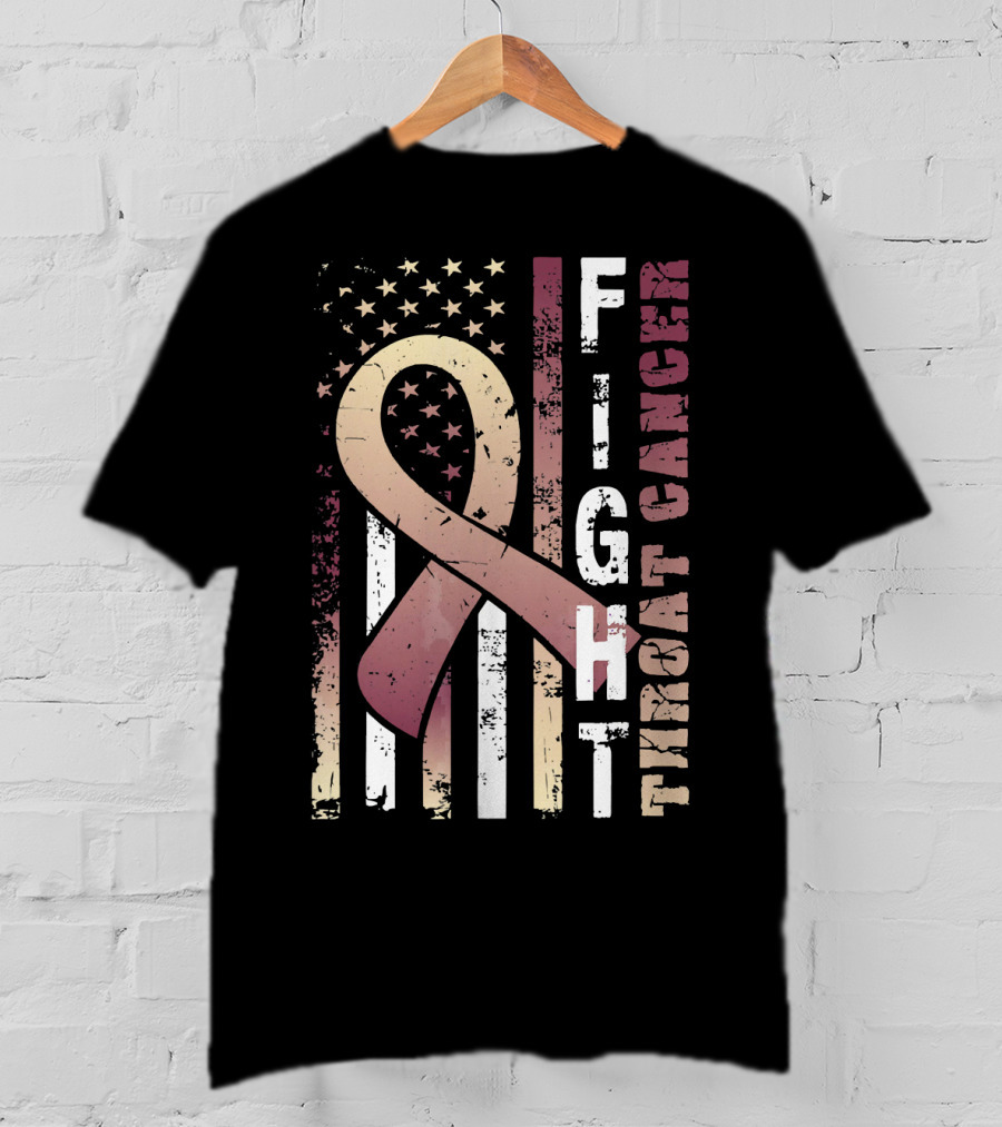 Fight Throat Cancer Awareness Ribbon American Flag T-Shirt