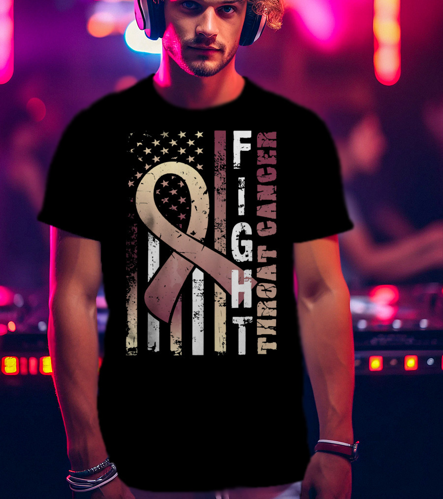 Fight Throat Cancer Awareness Ribbon American Flag T-Shirt