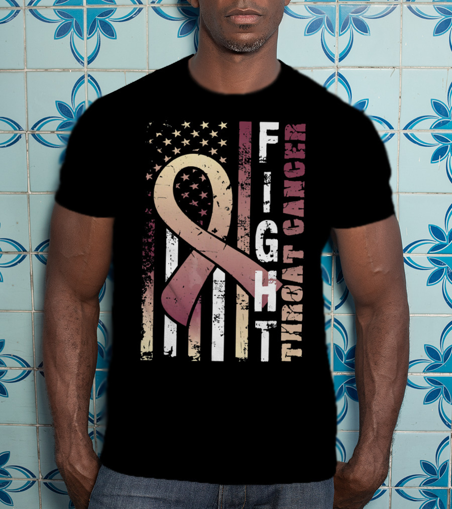 Fight Throat Cancer Awareness Ribbon American Flag T-Shirt