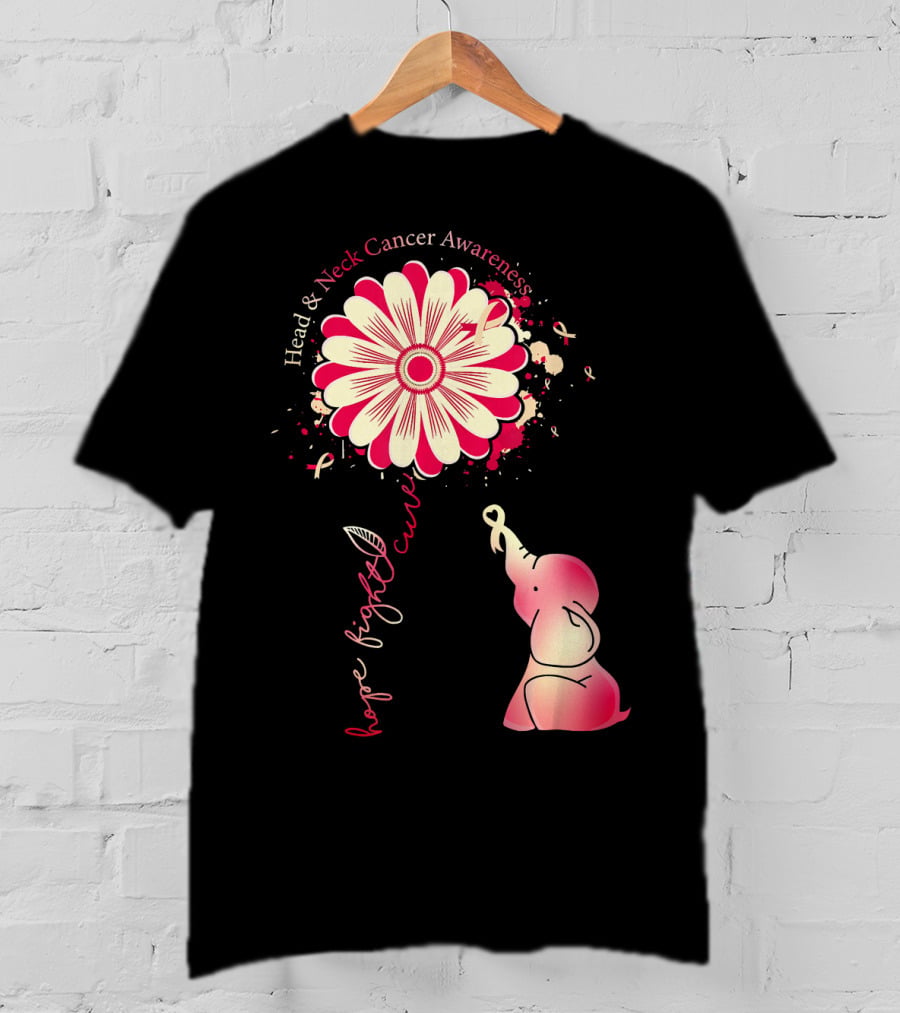 Head And Neck Cancer Awareness White And Burgundy Ribbon Hope Fight Cure Elephant Flower T-Shirt