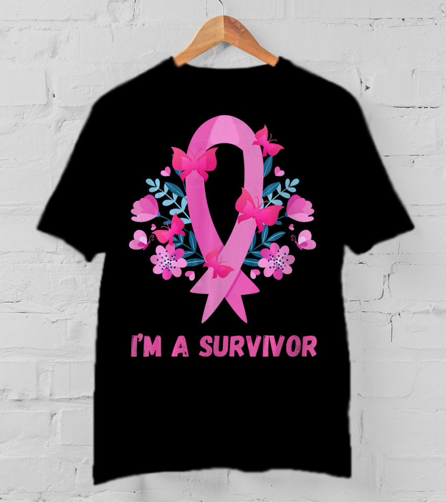 I'm A Survivor Pink Ribbon Butterfly Floral Breast Cancer T-Shirt