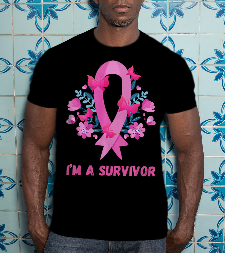 I'm A Survivor Pink Ribbon Butterfly Floral Breast Cancer T-Shirt