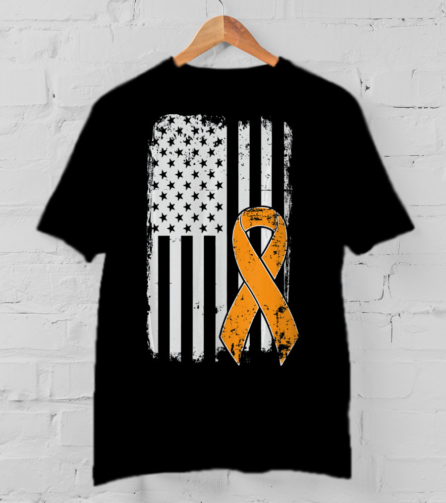 Leukemia Cancer Awareness Vintage US Flag Orange T-Shirt