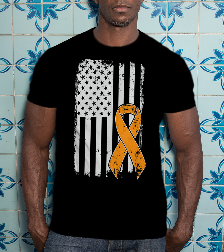 Leukemia Cancer Awareness Vintage US Flag Orange T-Shirt