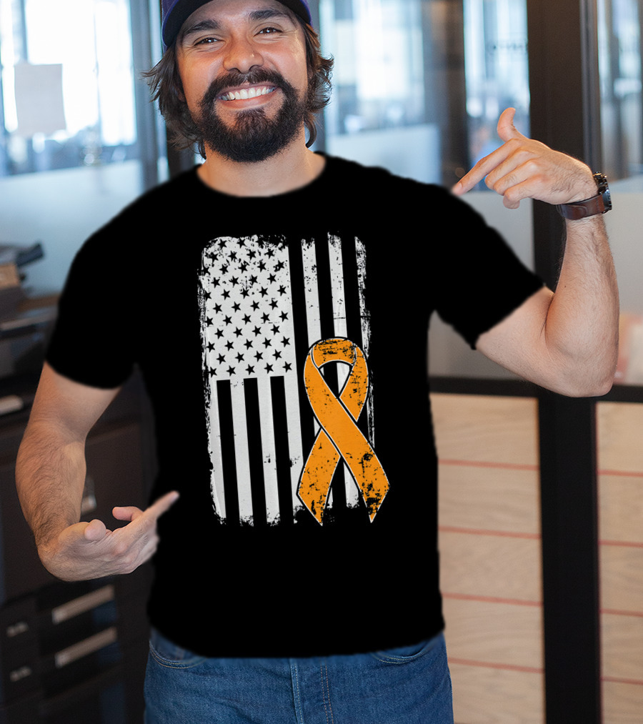 Leukemia Cancer Awareness Vintage US Flag Orange T-Shirt
