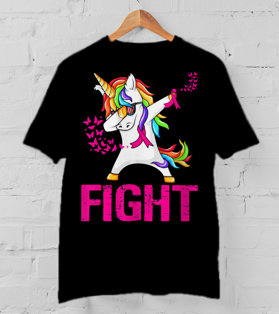 Fight Breast Cancer Awareness Unicorn Dabbing With Rainbow Mane And Butterflies T-Shirt