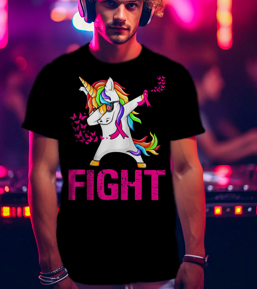 Fight Breast Cancer Awareness Unicorn Dabbing With Rainbow Mane And Butterflies T-Shirt