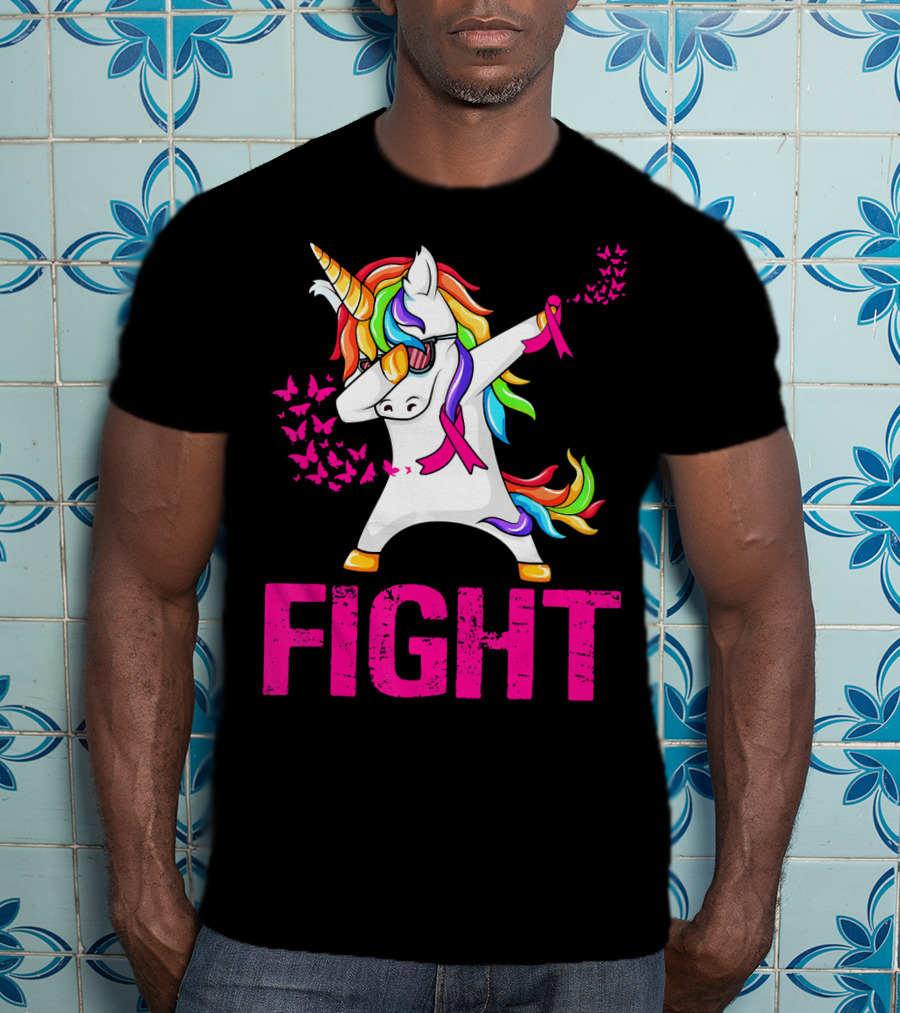 Fight Breast Cancer Awareness Unicorn Dabbing With Rainbow Mane And Butterflies T-Shirt