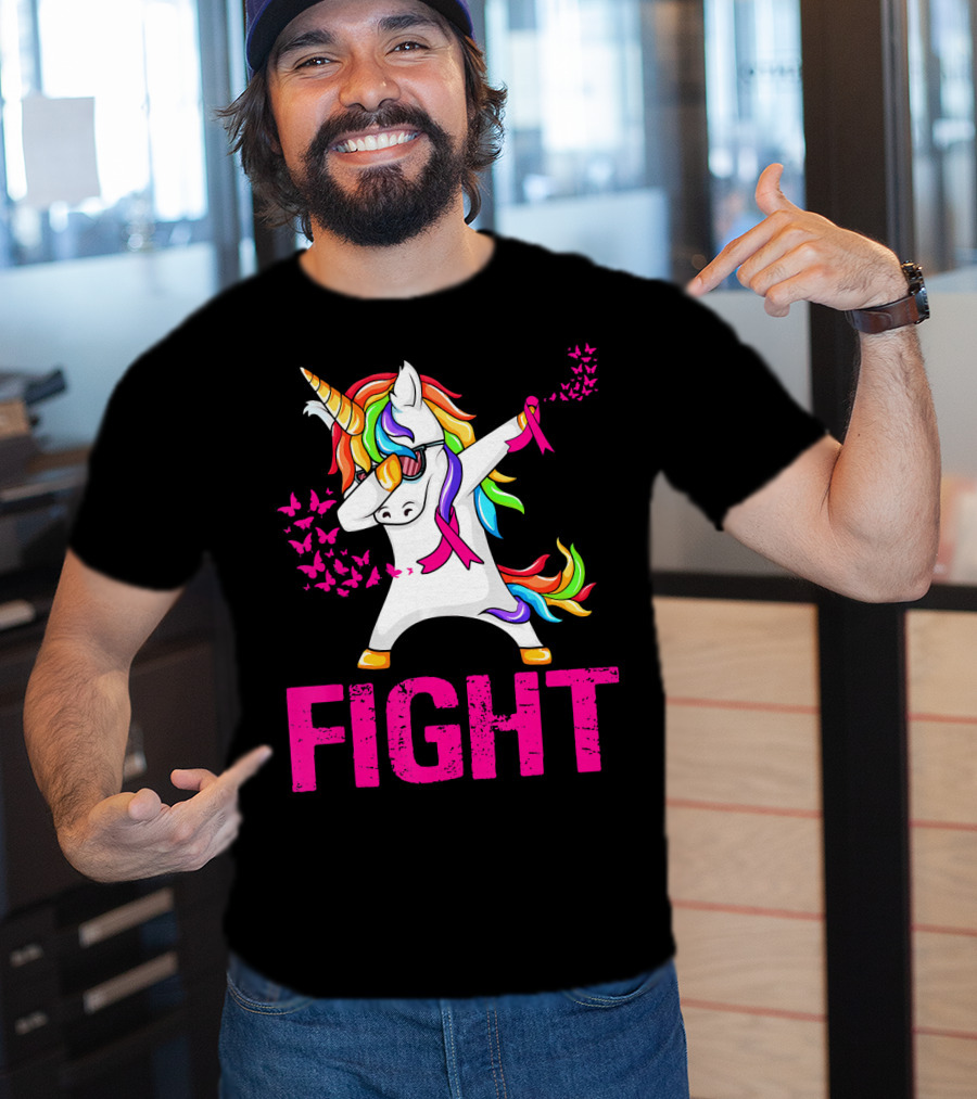 Fight Breast Cancer Awareness Unicorn Dabbing With Rainbow Mane And Butterflies T-Shirt