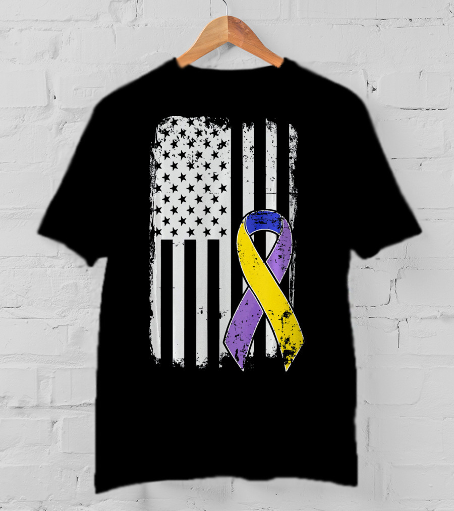 Bladder Cancer Awareness Distressed American Flag Purple Gold T-Shirt