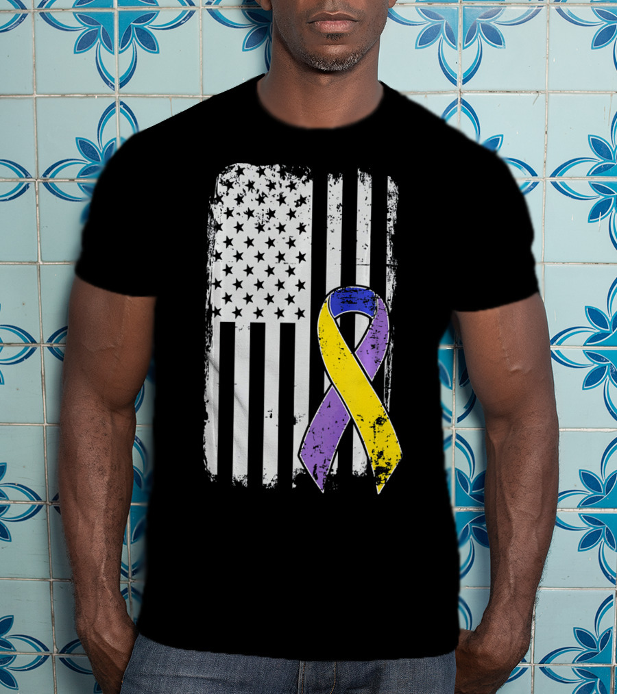 Bladder Cancer Awareness Distressed American Flag Purple Gold T-Shirt