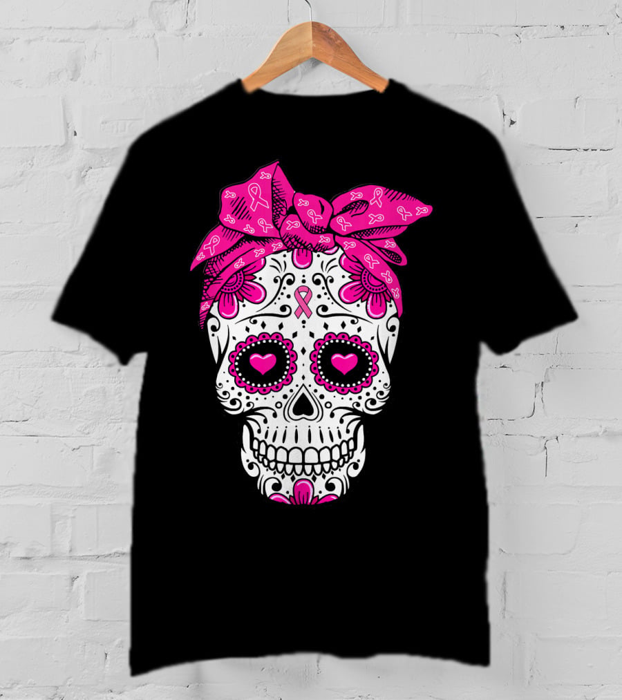 Sugar Skull With Pink Bow And Breast Cancer T-Shirt