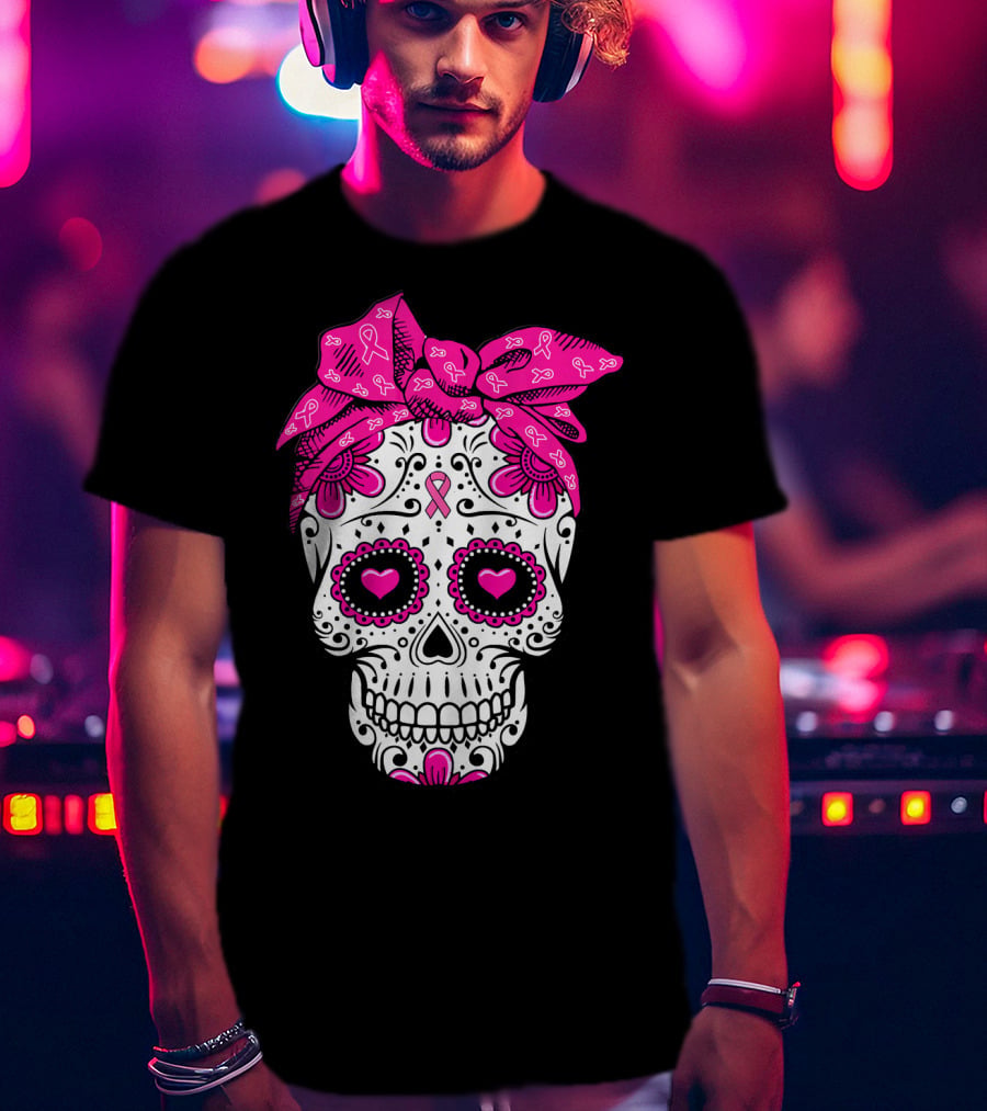 Sugar Skull With Pink Bow And Breast Cancer T-Shirt