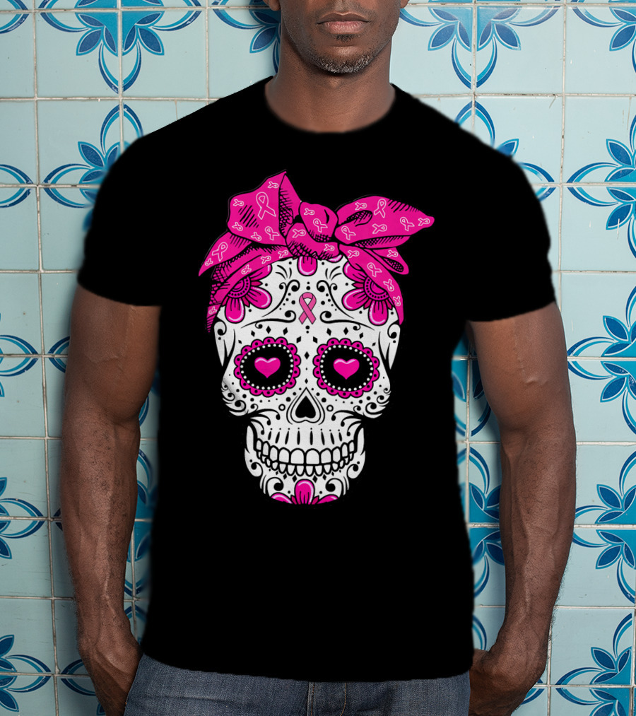 Sugar Skull With Pink Bow And Breast Cancer T-Shirt