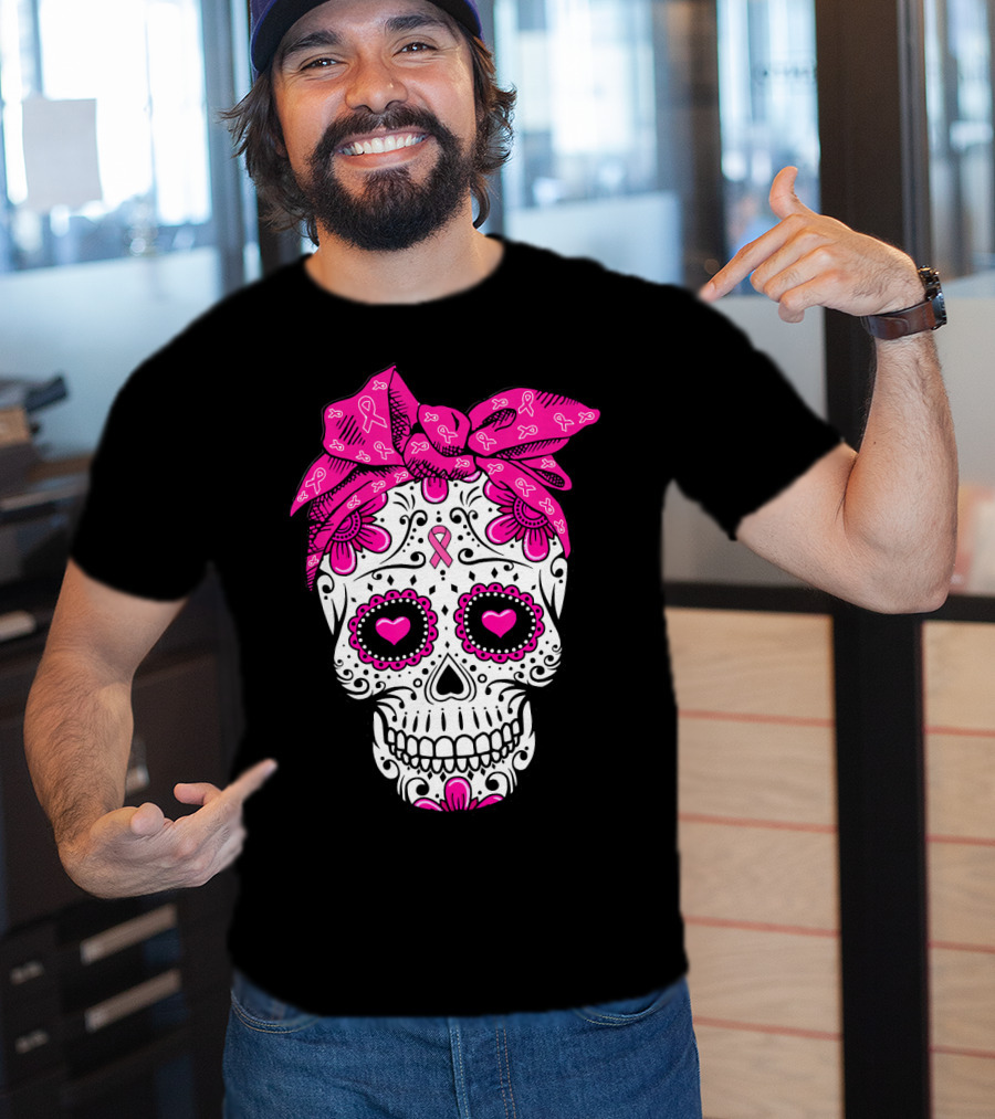 Sugar Skull With Pink Bow And Breast Cancer T-Shirt