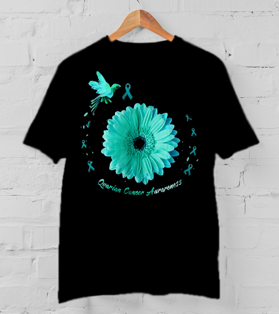 Teal Daisy Bird Ribbon Ovarian Cancer Awareness T-Shirt