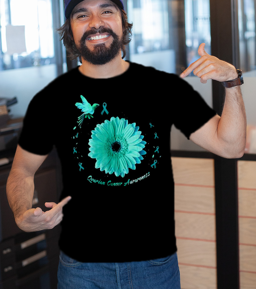 Teal Daisy Bird Ribbon Ovarian Cancer Awareness T-Shirt