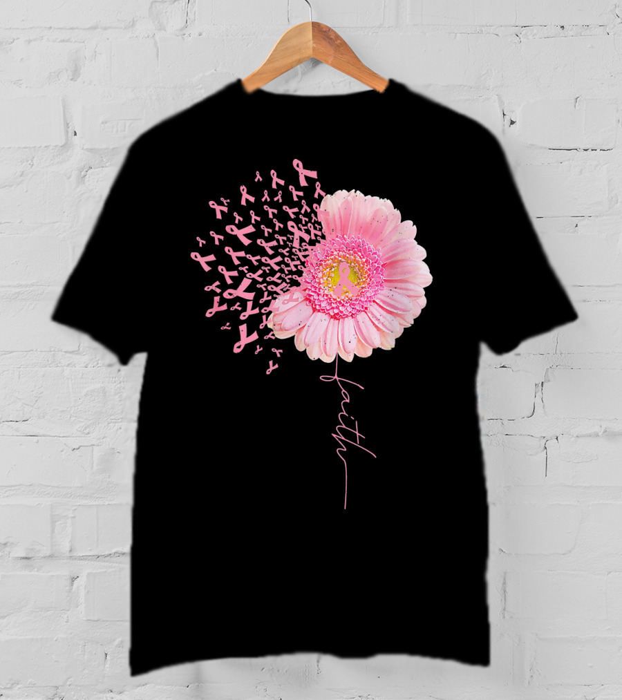 Faith Pink Ribbon Daisy Flower Breast Cancer Awareness T-Shirt