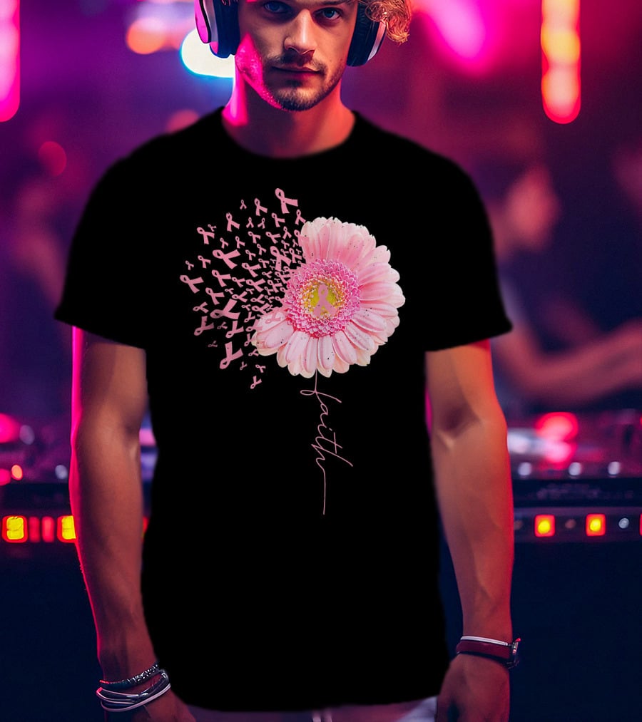Faith Pink Ribbon Daisy Flower Breast Cancer Awareness T-Shirt