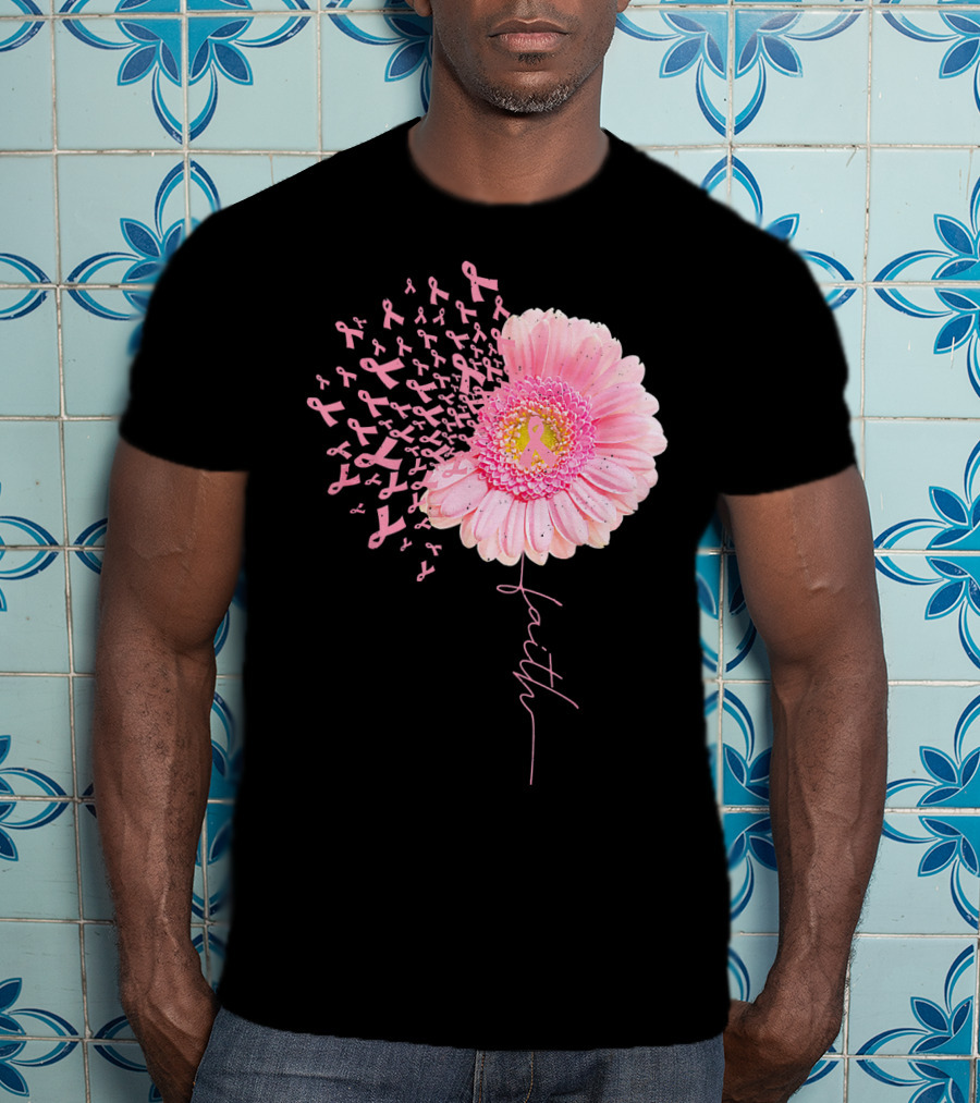 Faith Pink Ribbon Daisy Flower Breast Cancer Awareness T-Shirt