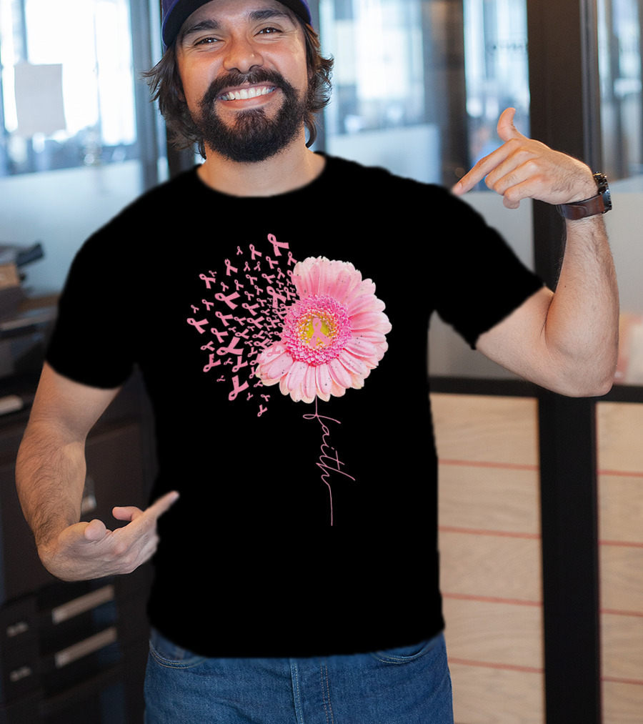 Faith Pink Ribbon Daisy Flower Breast Cancer Awareness T-Shirt