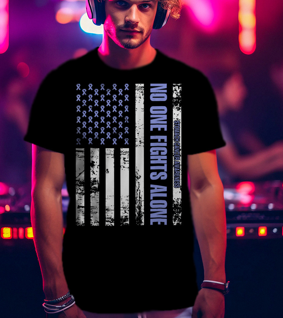 No One Fights Alone Stomach Cancer Awareness Flag With Ribbons T-Shirt